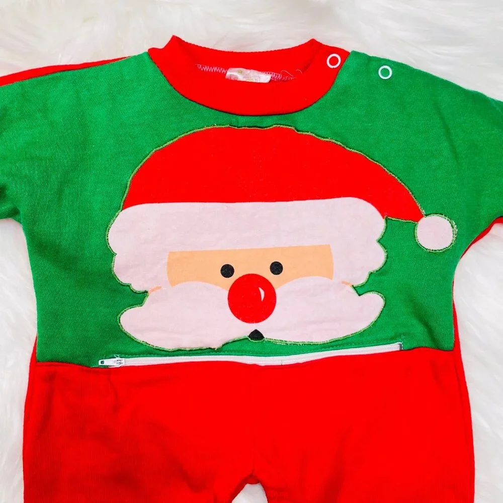 Vintage Baby Santa Face Winter Christmas Holiday Coveralls Romper Outfit 6m